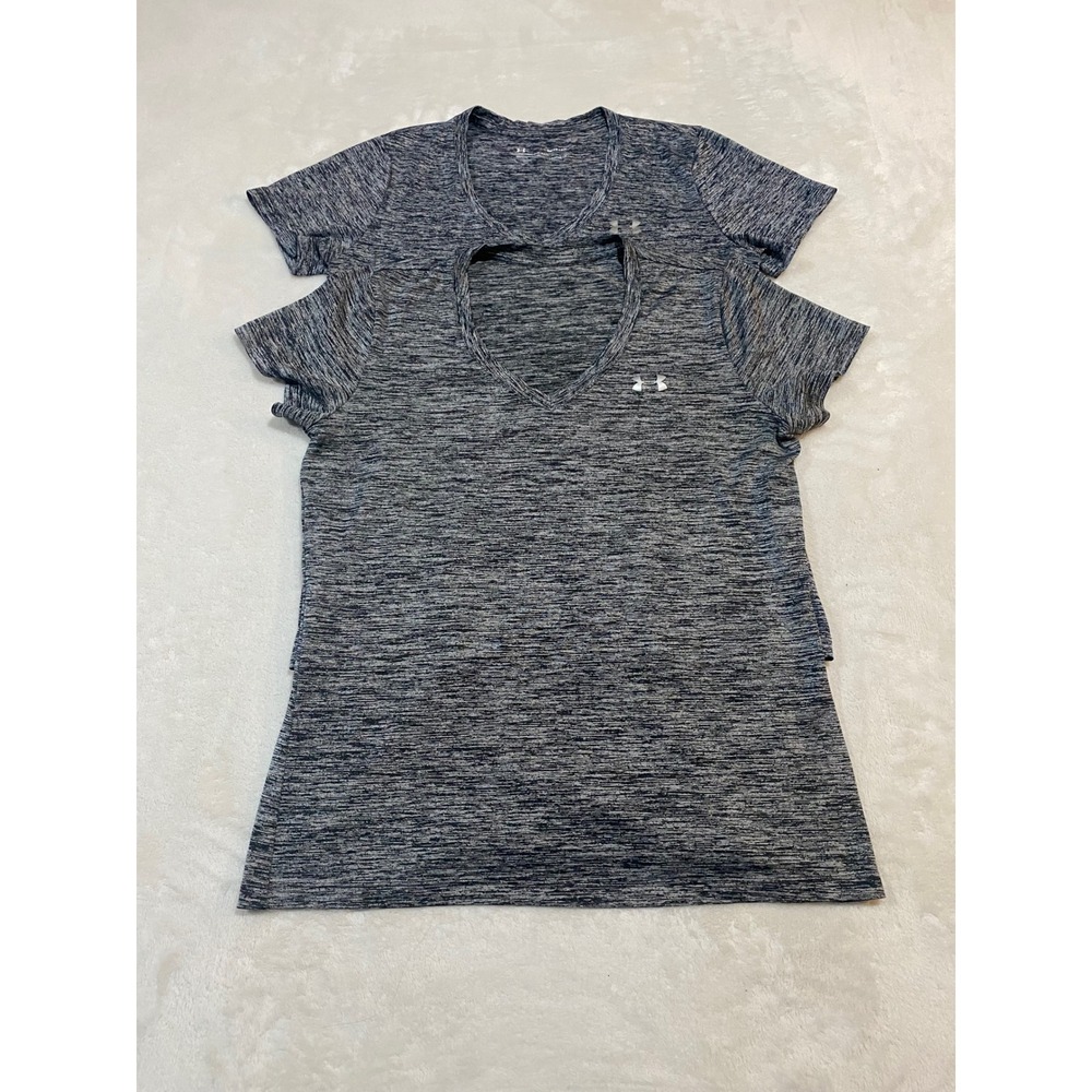 Lot of 2 Under Armour Womens HeatGear Tech Twist V-Neck T-Shirts Gray Small